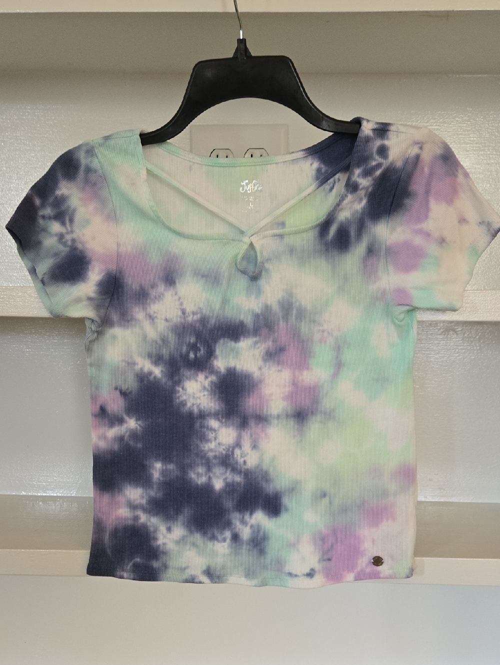 Justice Pastel Tie-Dye Ribbed Tee in Lavender, Mint & Navy